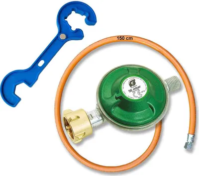 Produktbild von Anschluss-Set aus Gasregler Druckminderer 50mbar,  Schlauch 150 cm und Gasreglerlöser mit Magnet +  Schlüssel 17mm für Ü