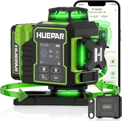 Obrázek produktu pro Huepar W04CG 4D laserový nivelační přístroj s ovládáním přes Bluetooth, 4x360° zelené laserové paprsky, otočný podstavec, samonivelační, akumulátor, IP54, 16 linií