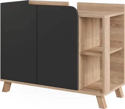A product shot of a cabinet with two doors and open shelving.