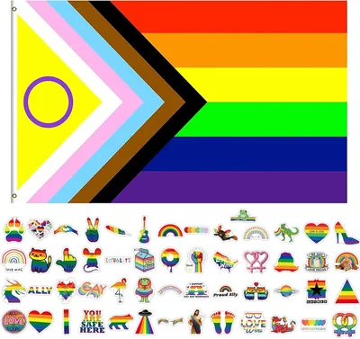 Produktbild von Regenbogen-Pride-Flaggen-Set mit Aufklebern, 150x90 cm und 50 LGBTQ-Aufklebern