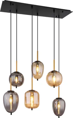 A multi-pendant chandelier with six glass shades of varying shapes and colors, suspended from a black rectangular base.