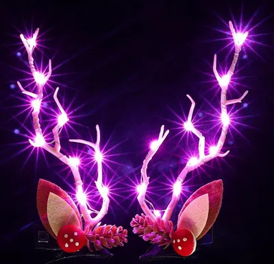 Immagine prodotto di Fermagli per capelli a LED con rami natalizi, corna di renna, simpatici copricapi cosplay per feste, accessori per capelli per donne e ragazze (2 pezzi), luce rosa, pigne