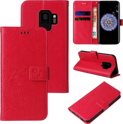 Produktbild von Handyhülle für Samsung Galaxy S9 Floral Blumen Schmetterling Flip Cover Hülle Case Klapphülle Handytasche Farbe: Rot