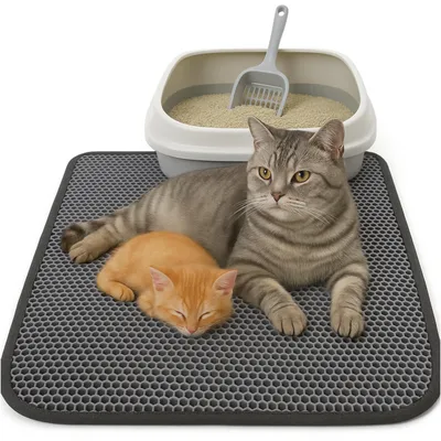 Produktbild von Blue Eyes Katzenklo Matte, Katzenmatte 60x90 cm, Katzenstreu Vorleger Unterleger Waben Design wasserdichte Doppelte Schichte Entwurf Bienenwabe (Grau)