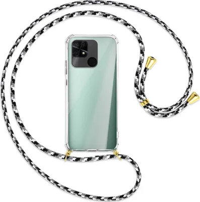 Produktbild von Handykette Backcover-Schutzhülle mit Band (Metall goldfarben) für Xiaomi Redmi 10C - schwarz/grau/weiß