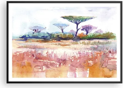 Produktbild von Gerahmtes Poster - Schwarzer Rahmen - Aquarell Savanne Bäume - 100x70 cm - Wand Bild - Wanddeko - Wandbilder - Kunstposter - Wandposter - Bilderrahmen - Bilder - Kunstdruck - P2BAA100x70-4484