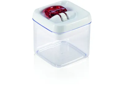 A clear studio shot of a square plastic food storage container with a white lid and a red locking mechanism, set against a plain white background.