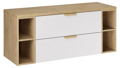 Zdjęcie produktu dla Zestaw Łazienkowy 120 Cm Z Blatem Dąb I Szafkami 2 Szuflady Biały