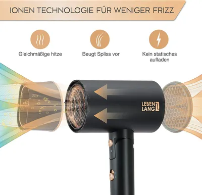 Produktbild von LEBENLANG Föhn Ionen 2100W Anti Spliss Kaltluft Modus Reisefön klappbar (24,96)