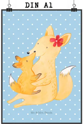 Produktbild von Mr. & Mrs. Panda Bild Fuchs Mama DIN A1 - Blau Pastell - Geschenk, Muttertag, drucke, wanddeko, Schoß, Wandbild, Mami, Kunstdruck, Umarmen, Mutter, Wanddekoration
