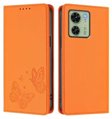 Produktbild von Lederhülle für Motorola Edge 40, Schmetterling Prägung Leder Brieftasche Schutzhülle mit Ständer Orange
