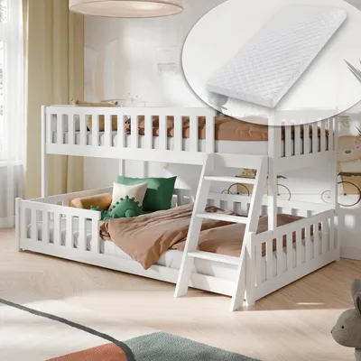 Produktbild von Etagenbett 90x200 / 120x200 Kinderbett Jugendbett Stockbett Hochbett mit Leiter, Rausfallschutz Lattenrosten und 2 Matratzen, Kinder Bett von 4. bis 16. Lebensjahr Weiß
