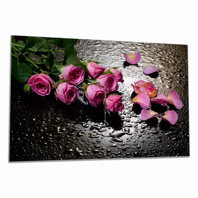 Produktbild von Wallario Herdabdeckplatte aus Glas, Größe 80 x 52 cm 2-teilig, Motiv Pinke Rosen mit Wassertropfen