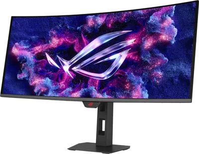 A curved gaming monitor with a colorful, abstract wallpaper displayed.