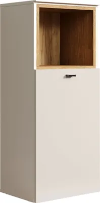 A tall, narrow cabinet with a wooden open shelf at the top and a white door with a handle at the bottom.