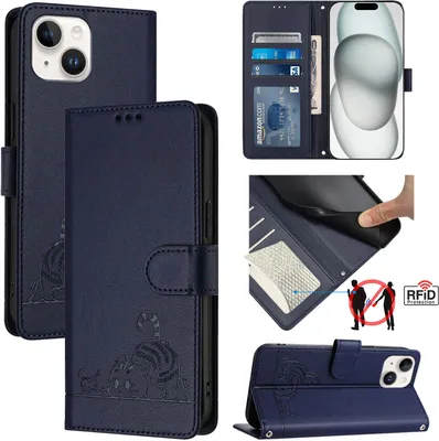 Produktbild von Leder Hülle für iPhone 13 / iPhone 14 Süße Katze Flip Case Brieftasche Schutzhülle mit Standfunktion Blau