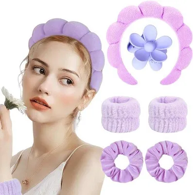 Produktbild von Famanu – Make-up-Haarband für Damen, Set bestehend aus Haarreif, Fleece-Armstulpen, Haarnadeln und Haargummis, in Lila