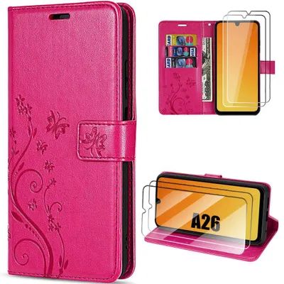Image de Coque + 2 Verres Trempés pour Samsung Galaxy A26 5G, Antichoc Cuir Synthétique Motif Papillon Plante - Fuchsia