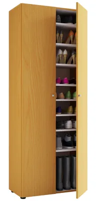 A tall, narrow wooden shoe cabinet with its doors open, revealing multiple shelves filled with various shoes and boots.