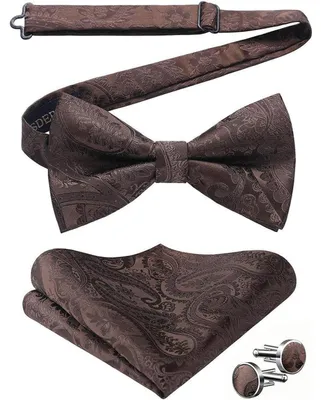Productafbeelding van Herenset met vlinderdas en zakdoek, inclusief manchetknoopjes, voorgestikt, verstelbaar, Paisley-print, bruin