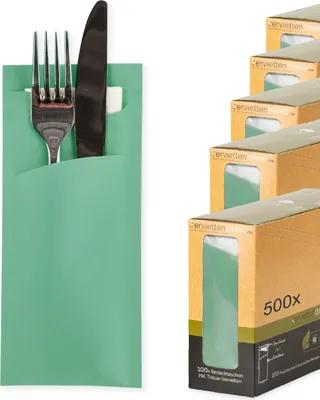 Produktbild von Bestecktasche Prime Fit in Eukalyptus 85 x 190 mm, mit weißer Tissue-Serviette - 500 Stück