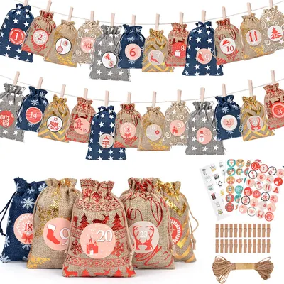 Adventskalender zum Befüllen, 24 Beutel, Weihnachtsmotive, DIY