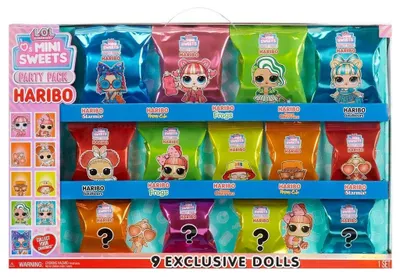 A display box of L.O.L. Surprise! Mini Sweets Haribo Party Pack dolls, showing multiple individual doll packages arranged on shelves.
