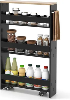 Zdjęcie produktu dla Wąski wózek kuchenny – wózek na kółkach/wózek do serwowania z 4 półkami – szerokość 13 cm – drewniana rama na kółkach – do wnęk – 47,5 x 13 x 80,5 cm – żółty