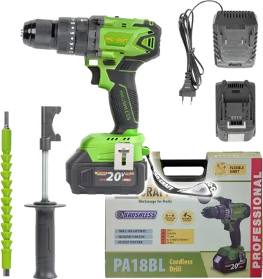 Obrázek produktu pro Akumulátorová příklepová vrtačka Procraft PA18BL 20 V 50 Nm bez kartáčů + 2x akumulátor 4,0 Ah + nabíječka + kufr