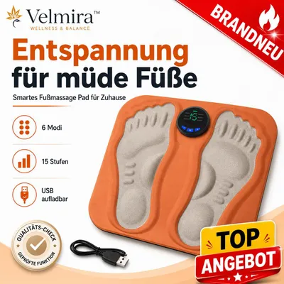 Produktbild von Velmira™ Fußmassage Pad wiederaufladbar, EMS Fußmassagegerät mit 6 Modi & 15 Intensitätsstufen, USB