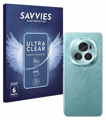 A product packaging box and a smartphone with a camera lens protector.