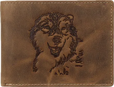 Zdjęcie produktu dla Greenburry portfel męski skórzany brązowy antyczny vintage z wytłoczonym motywem wilka portfel 12,5 x 9,5cm 1705-WULF-25