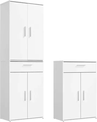Produktbild von mokebo® Mehrzweckschrank Set 2-teilig 'Die Allzweckwaffe', Schrank-Set mit Midischrank & Hochschrank in Weiß, nutzbar als Aktenschränke, Büroschränke, Allzweckschränke oder Haushaltsschränke