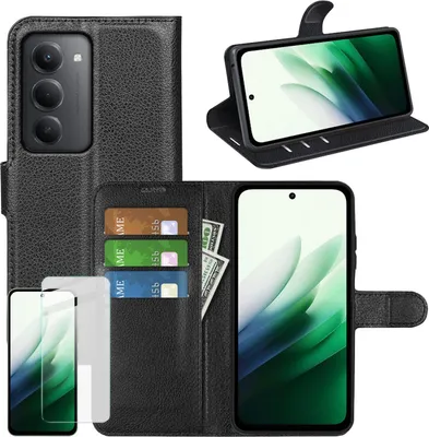 Immagine prodotto di Per Xiaomi Redmi 15 5G Pelle finta libro portafoglio custodia nera + 9H vetro temperato
