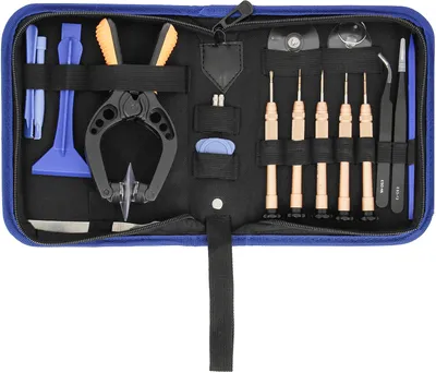 A set of repair tools laid out in a blue case.