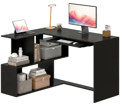 Produktbild von Eckschreibtisch, 120 x 100 x 76 cm, L-f?rmiger Computertisch mit Tastaturablage, 4 offenen F?chern, Schwarz