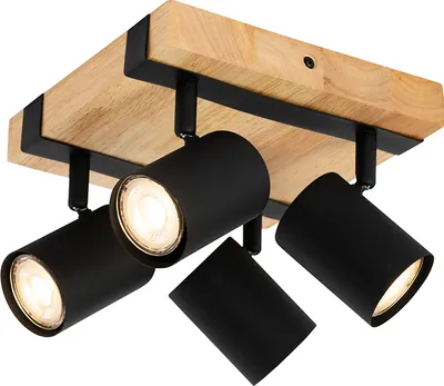 Produktbild von QAZQA - Modern Deckenleuchte I Deckenlampe I Lampe I Leuchte schwarz mit Holz 4-flammig Spotbalken-flammig verstellbar rechteckig - Jeana I Wohnzimmer I Schlafzimmer - Stahl Quadratisch - LED geeignet
