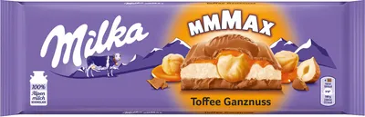 Produktbild von Milka Mmmax Toffee Ganznuss, Milchschokolade, 300 g, Schokolade, Haselnuss, Milch, 2304 kJ, 553 kcal, 35 g