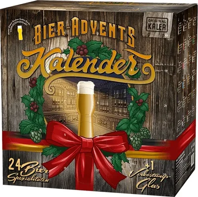 A product box for a beer advent calendar, decorated with a rustic wooden background, holly, hops, and a large red bow.