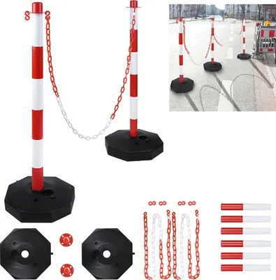 Image de XINZI 2 pièces PE Poteau de délimitation 82cm - couleurs d'avertissement rouge-blanc, chaîne de 1,4m & base remplissable, mobile pour parking/entrepôt/espace public