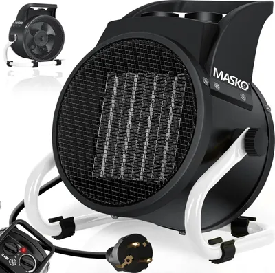 A black and white electric heater with a remote control and plug.