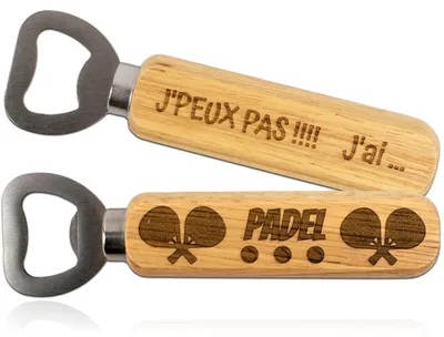Padel-Flaschenöffner aus Holz, beidseitig graviert, Sportgeschenk