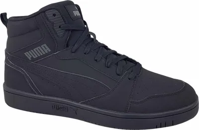 A black Puma high-top sneaker is shown from the side against a white background.