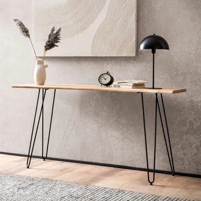 Immagine prodotto di FineBuy consolle 150x36x75 cm in legno massiccio d'acacia bordo albero credenza armadio da corridoio con gambe a forcina tavolo da corridoio stretto moderno struttura in metallo