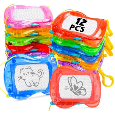 Produktbild von Magnetische Mini Zeichentafel Kinder - 12 Stück - Löschbar - 8,5 x 10 cm - 6 Farben - Schlüsselanhänger mit Stift