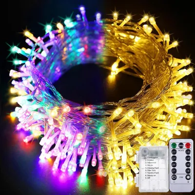 A coiled string of LED lights with a battery pack and remote control.
