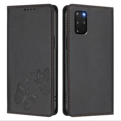 Obrázek produktu pro Kožené pouzdro pro Samsung Galaxy S20+ 5G, motýlí ražbou, peněženkové flip pouzdro se stojánkem Černá