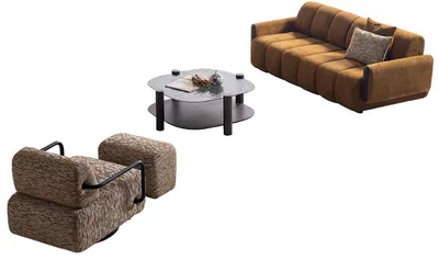 Immagine prodotto di Set soggiorno moderno Divano imbottito Poltrona in tessuto Pouf Tavolino in legno