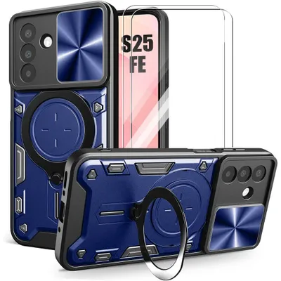Image de Coque + 2 Verres Trempés pour Samsung Galaxy S25 FE, Antichoc avec Anneau et Protection Caméra Bleu Marine