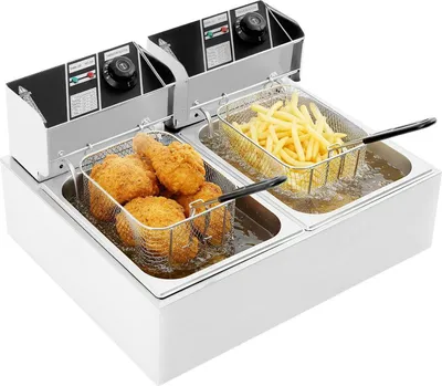 Obrázek produktu pro Elektrická dvojitá fritéza – dvojitá nádoba – objem 6,2 l na nádobu – dvouzónová regulace teploty – výkon 2,5 kW – pro gastronomii i domácnost